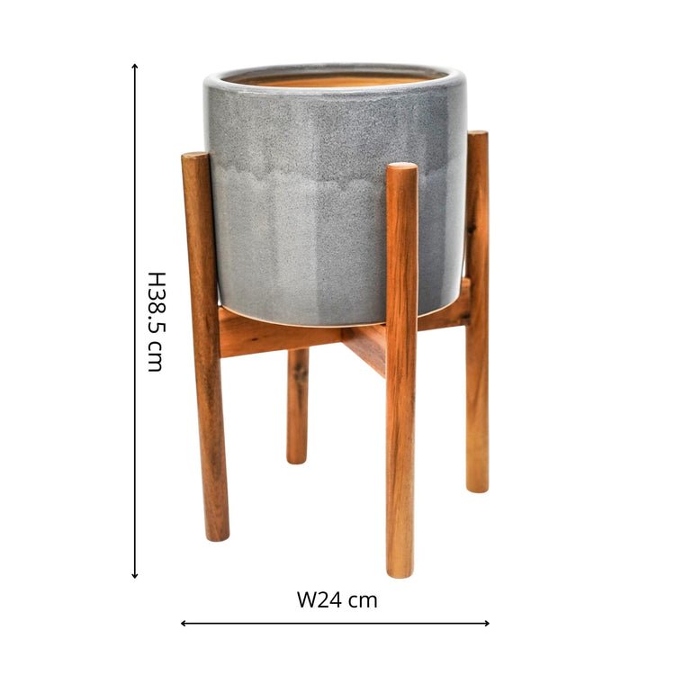 Anzio Warm Grey Planter with Wooden Stand H38.5Cm D24Cm ( New Embossed Logo) - Skandi London