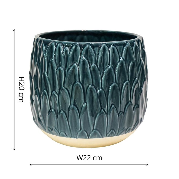 Arles Leaf Embossed Teal Planter H20Cm W22Cm - Skandi London
