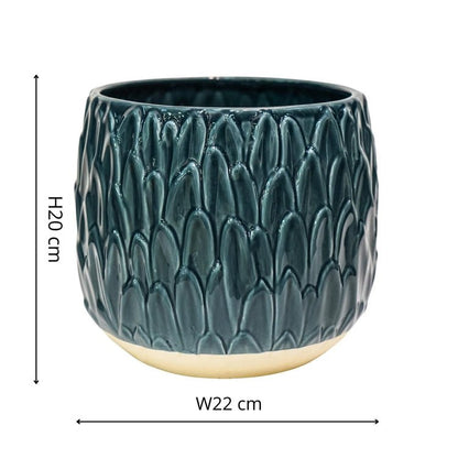 Arles Leaf Embossed Teal Planter H20Cm W22Cm - Skandi London