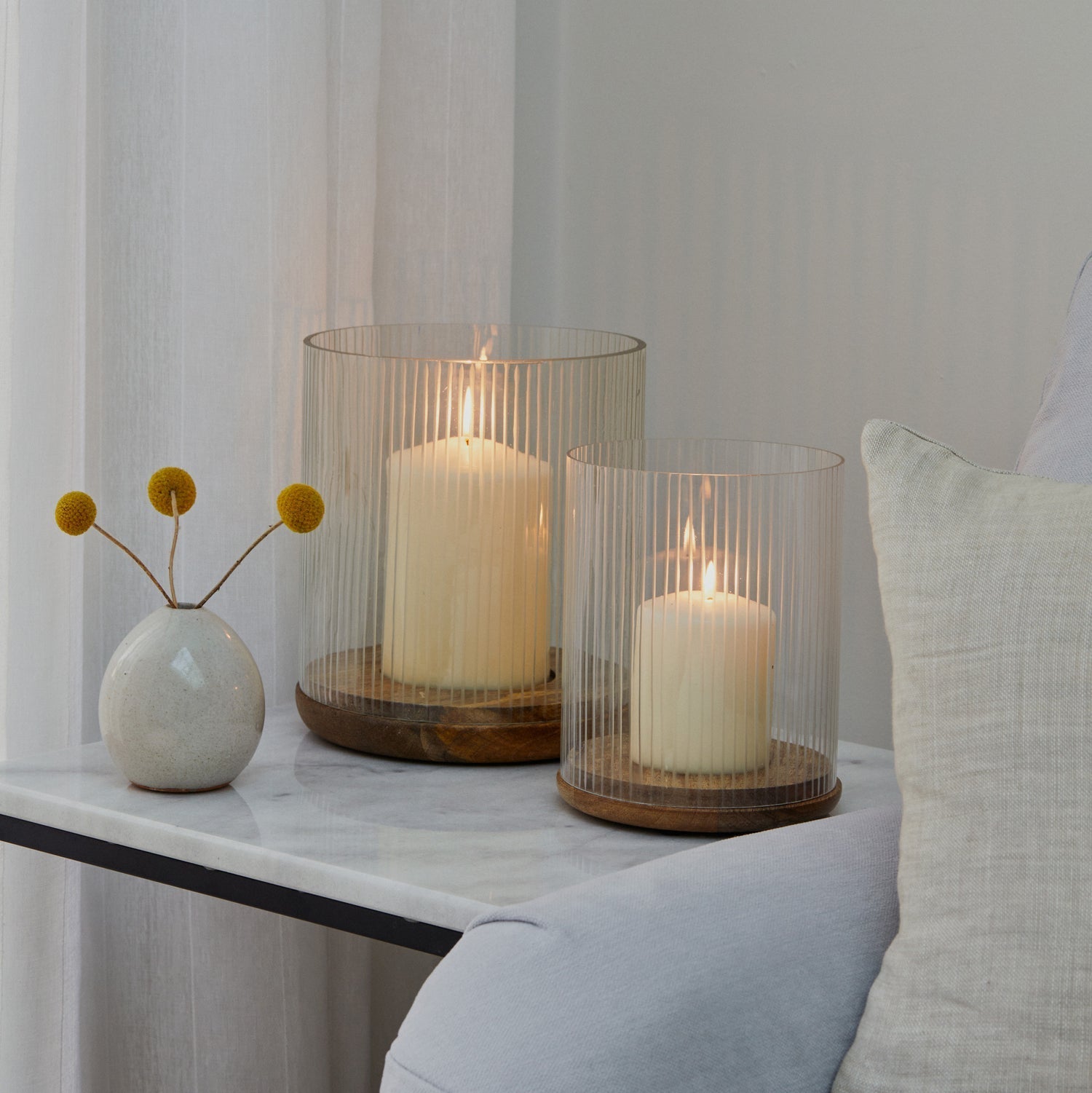 Faaborg Ribbed Glass Wooden Candle Holder Small - Small - Skandi London