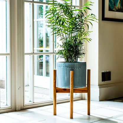 Anzio Warm Grey Planter with Wooden Stand H38.5Cm D24Cm ( New Embossed Logo) - Skandi London