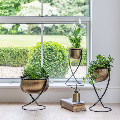 Indoor Kensington Brass Metal Round Planter on Stand H42Cm W14Cm - Skandi London