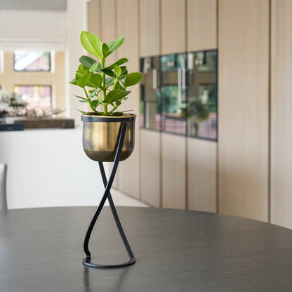 Indoor Kensington Brass Metal Round Planter on Stand H42Cm W14Cm - Skandi London