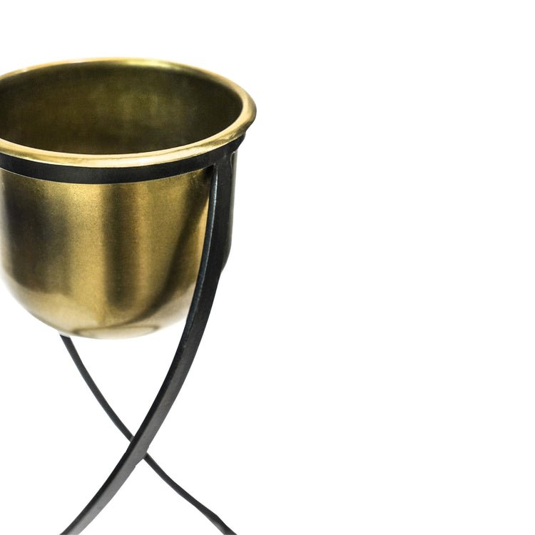 Indoor Kensington Brass Metal Round Planter on Stand H42Cm W14Cm - Skandi London