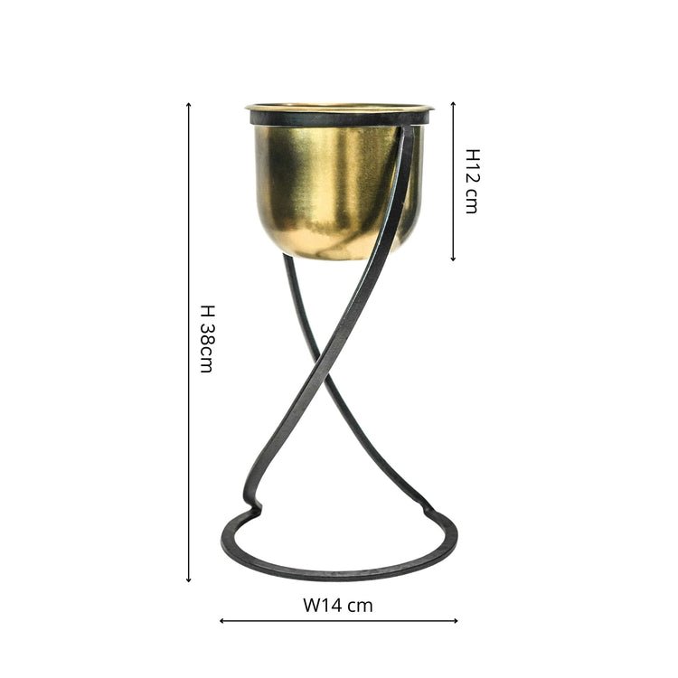 Indoor Kensington Brass Metal Round Planter on Stand H42Cm W14Cm - Skandi London
