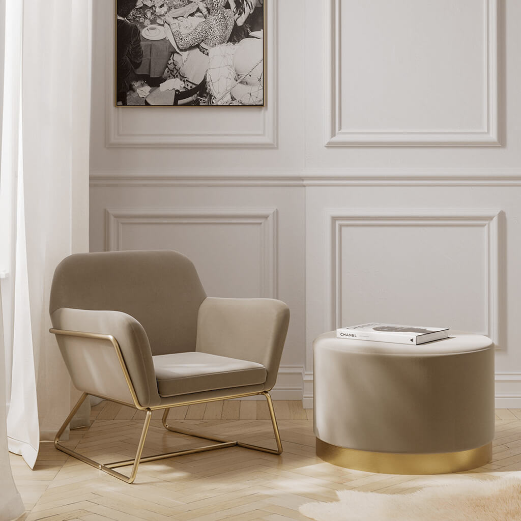 Soho Nordic Pouffe Beige Velvet & Brushed Gold Large - Skandi London