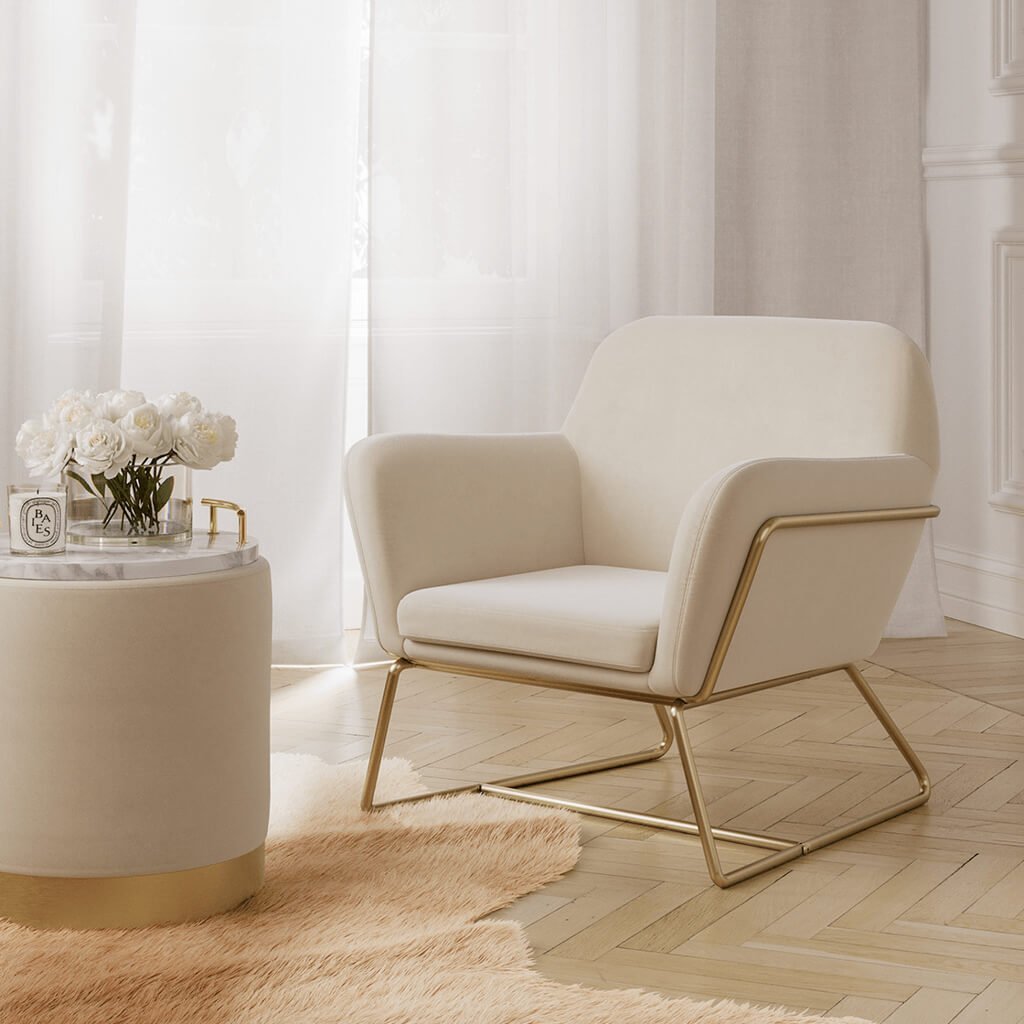 Soho Nordic Pouffe Cream Velvet & Brushed Gold Small - Skandi London