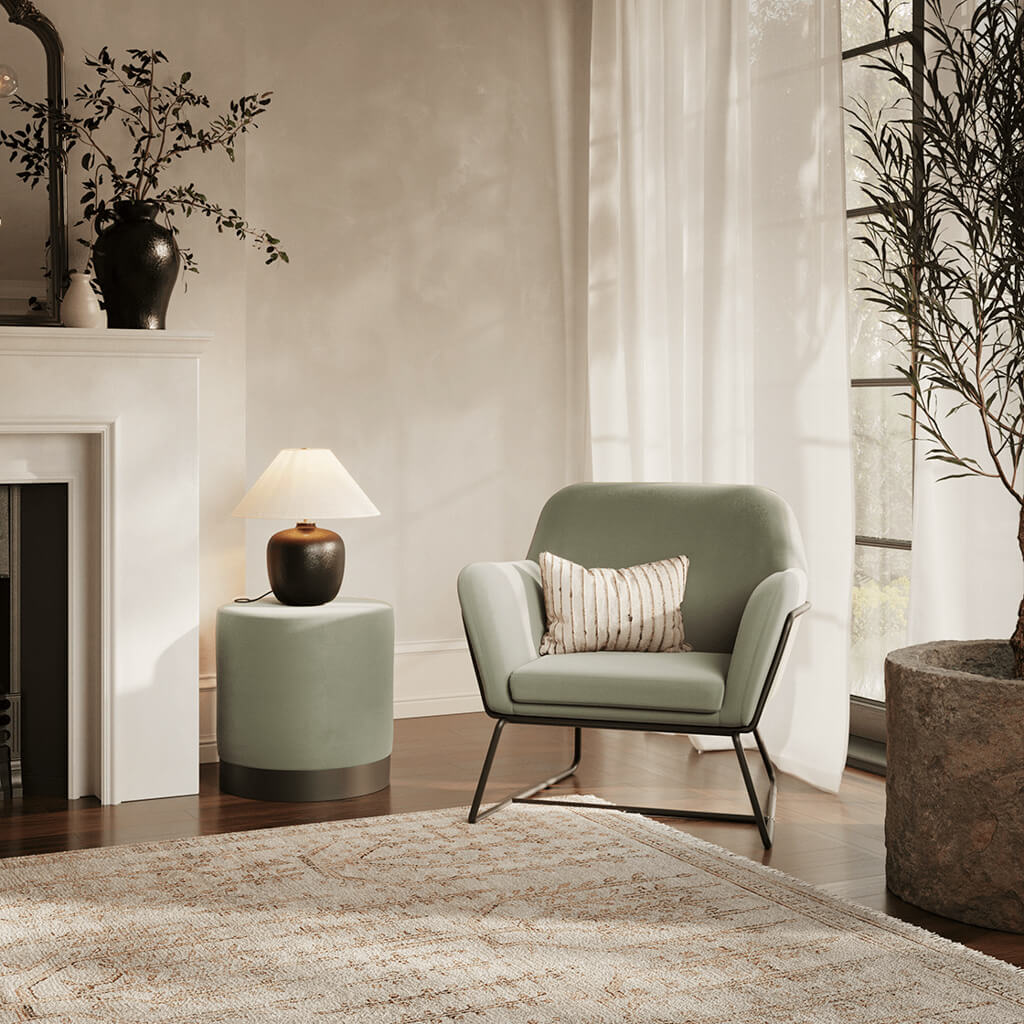 Soho Nordic Pouffe Sage Velvet & Matte Black Small - Skandi London