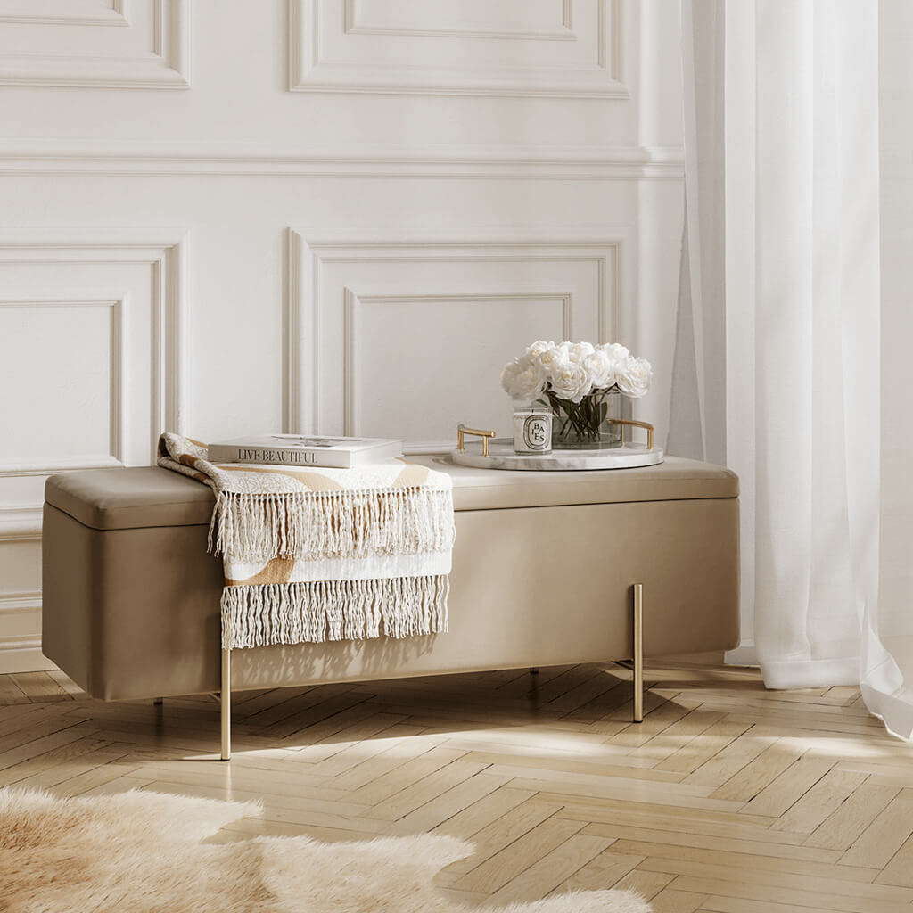 Soho Nordic Storage Ottoman Beige Velet & Brushed Gold - Skandi London