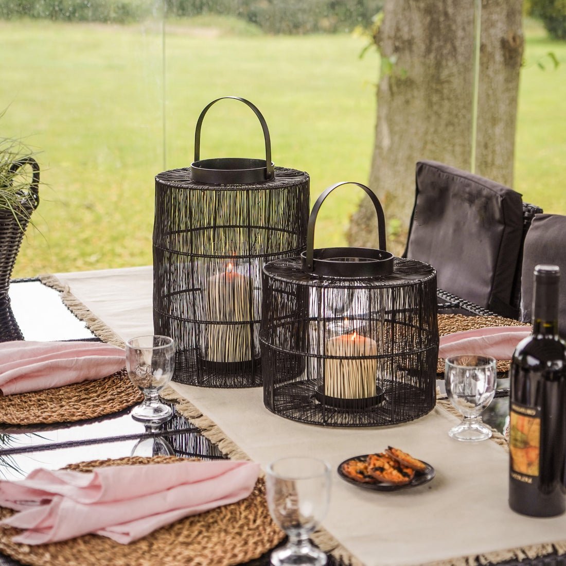 Vega Wirework Lantern with Glass Insert Black - Medium - Skandi London