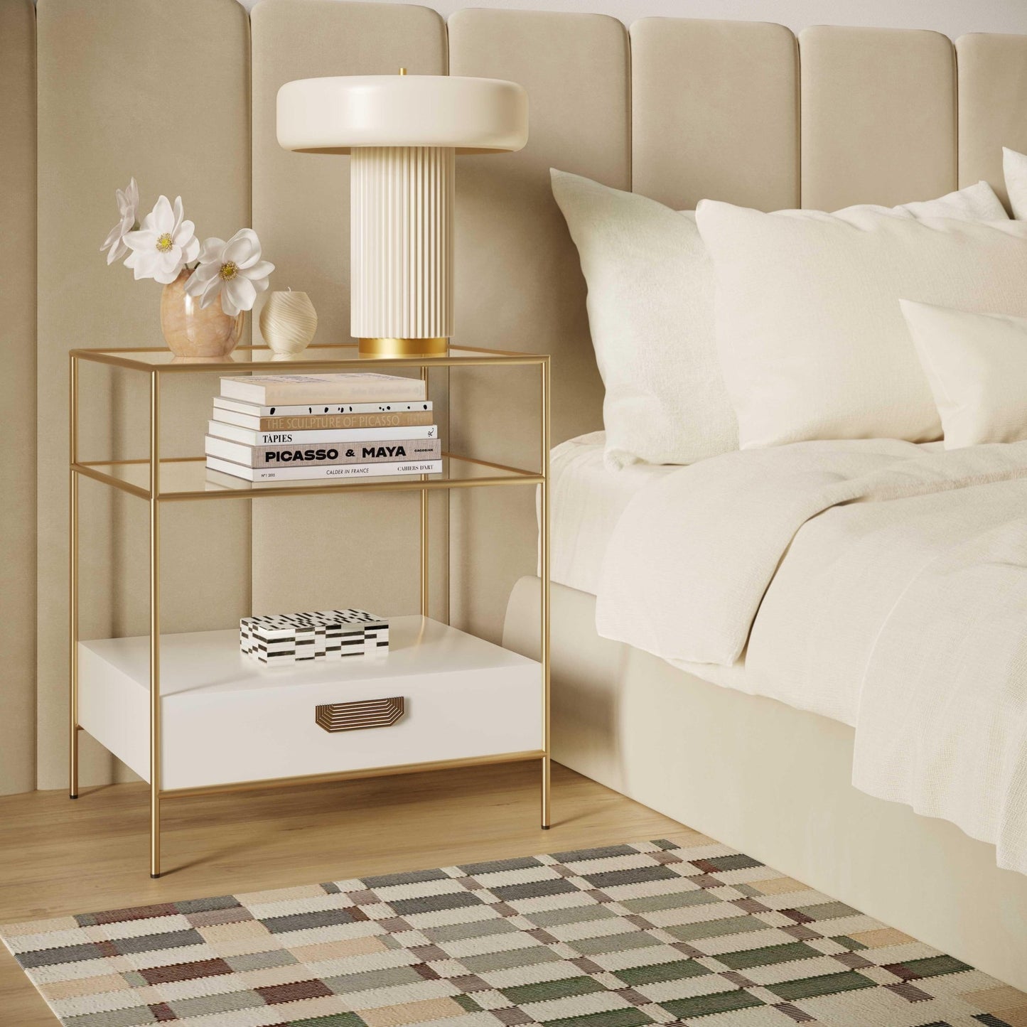 Darla Cream Glass Nightstand - Skandi London