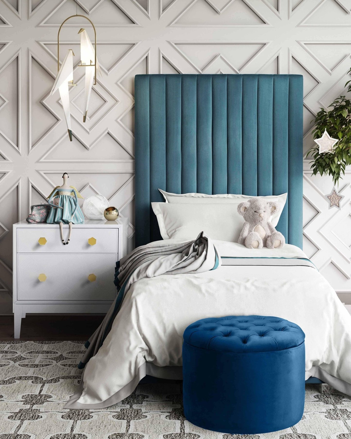 Queen Navy Velvet Storage Ottoman - Skandi London