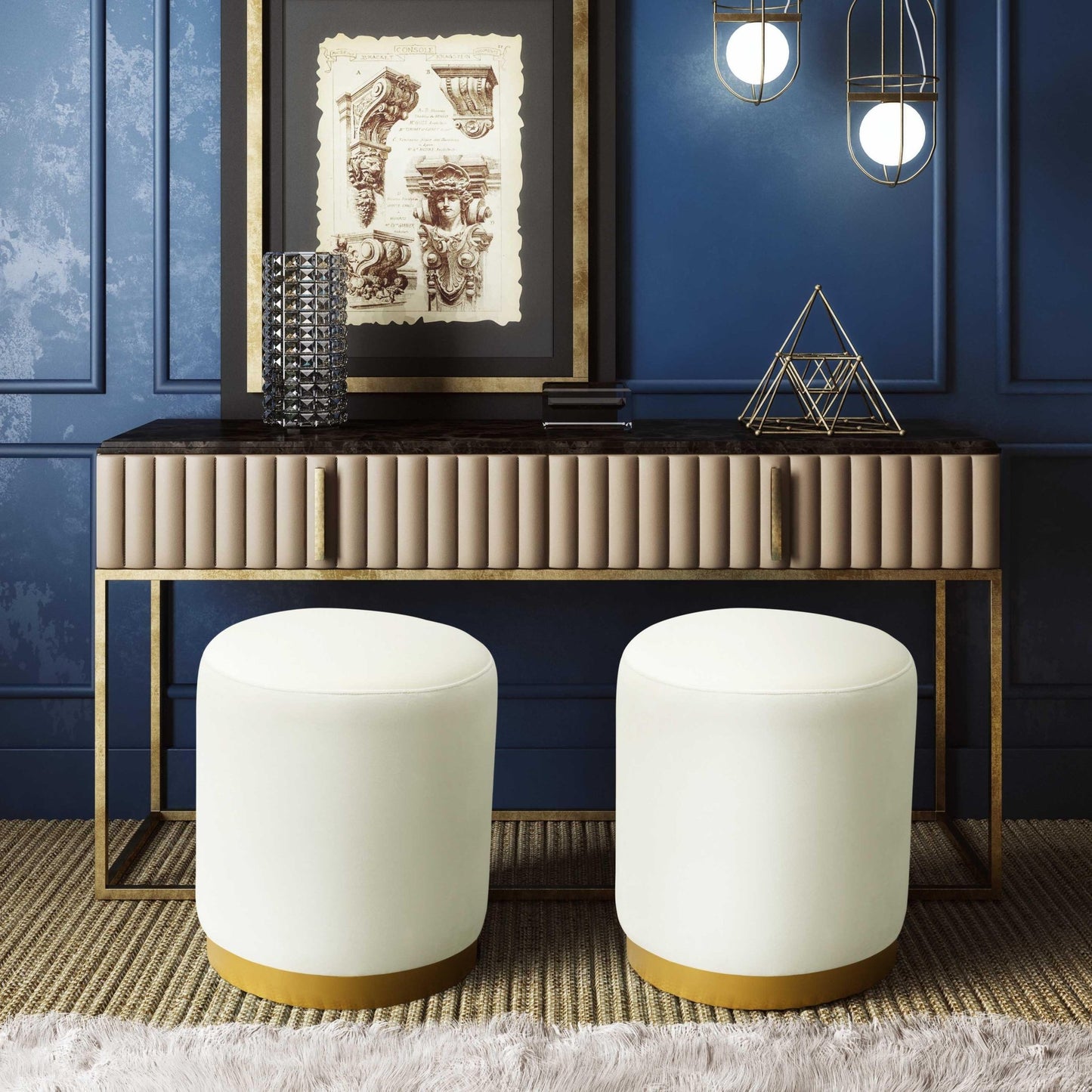 Opal Cream Velvet Ottoman with Gold Base - Skandi London