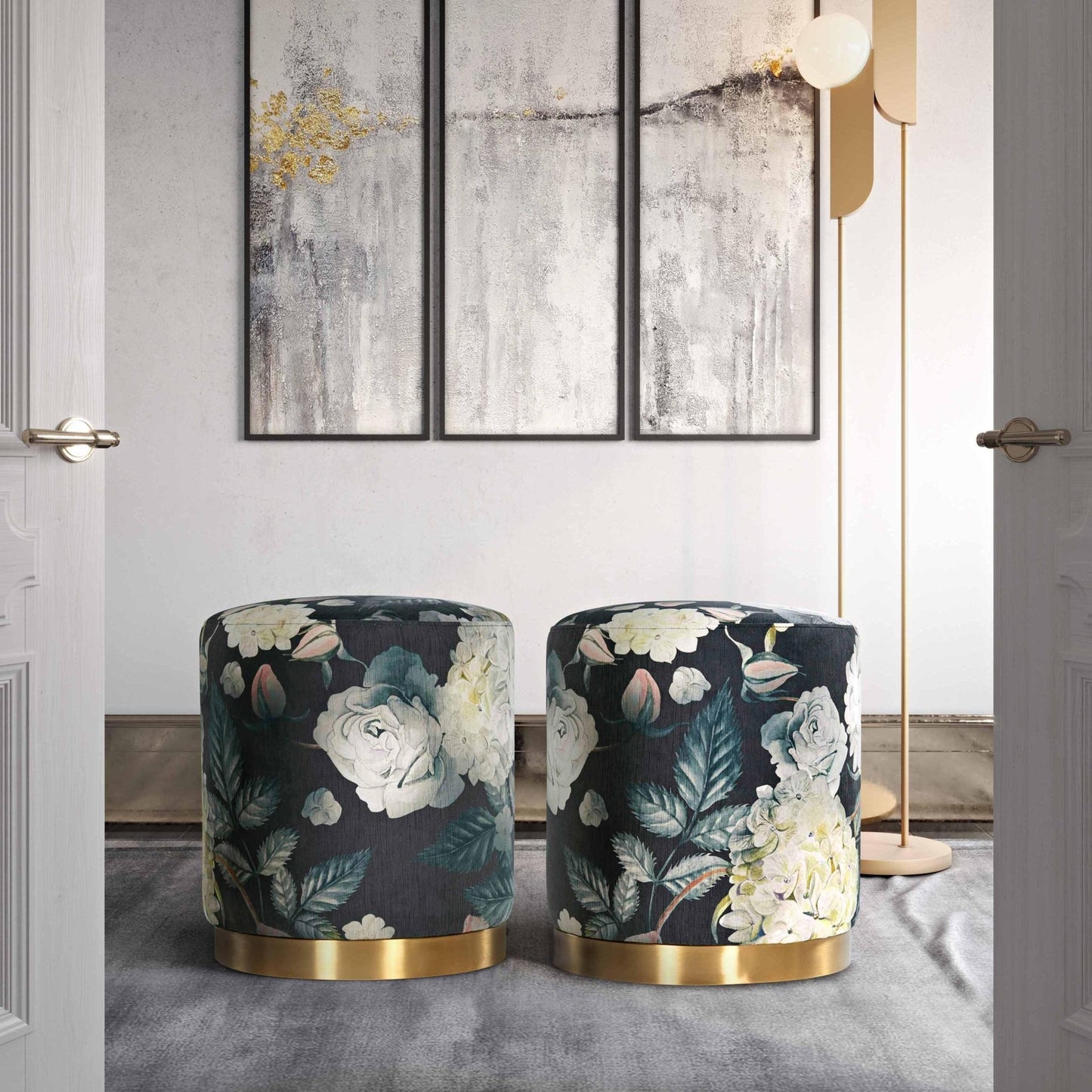 Opal Floral Velvet Ottoman with Gold Base - Skandi London