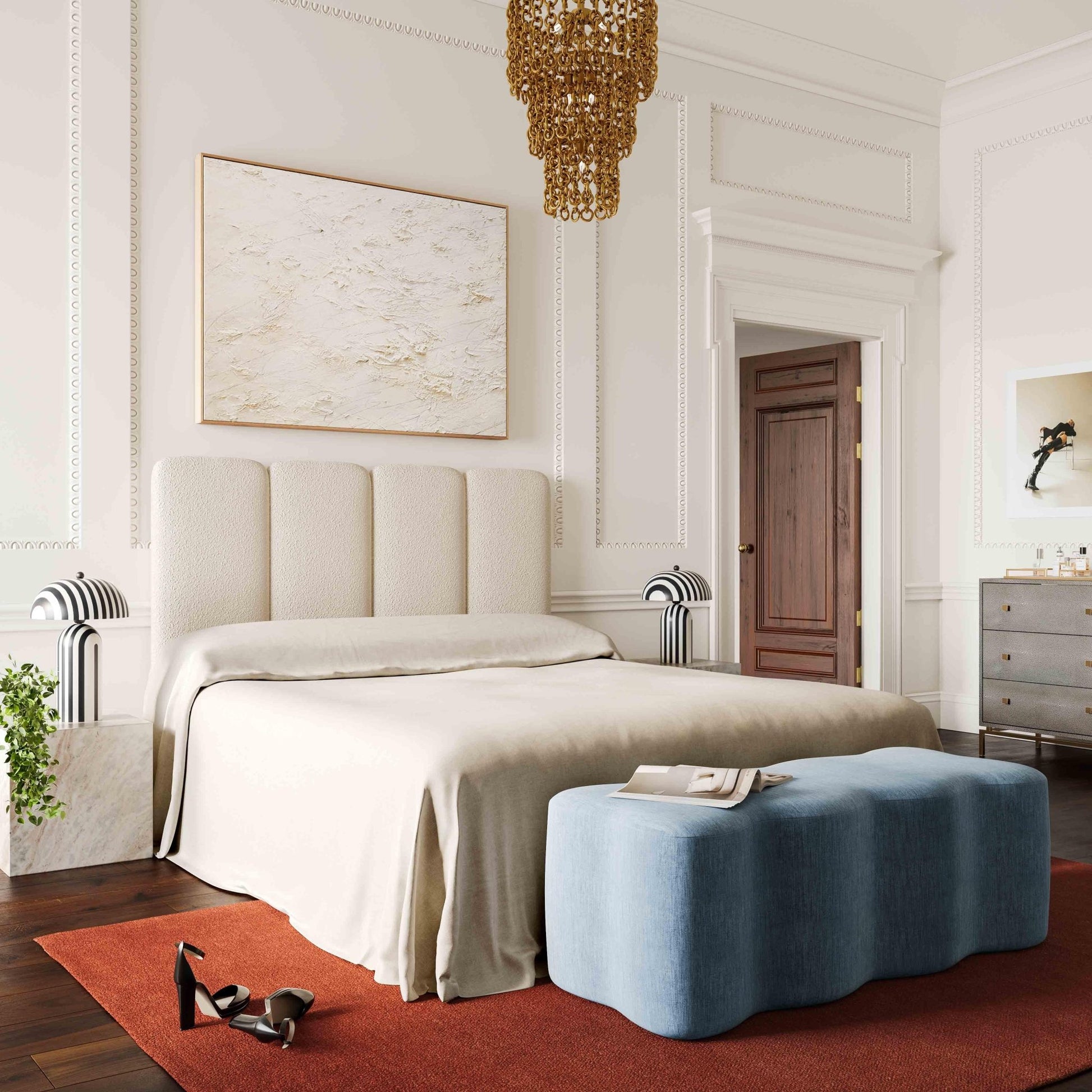 Archie Upholstered Bench in Faded Blue Linen - Skandi London